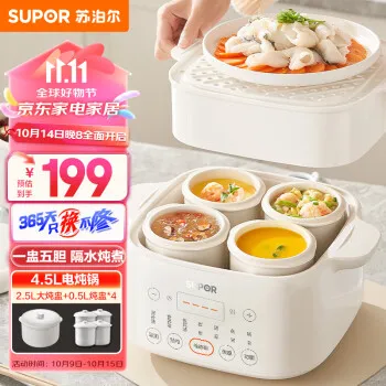 电炖盅 电炖锅 隔水炖煮 家用煮粥煲汤锅燕窝炖盅4.5L白瓷内胆炖汤锅上蒸下炖 DZ25FC873